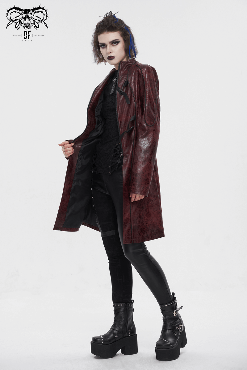 Gothic Punk Zipper Faux Leather Mid-Length Coat With Double Buckles