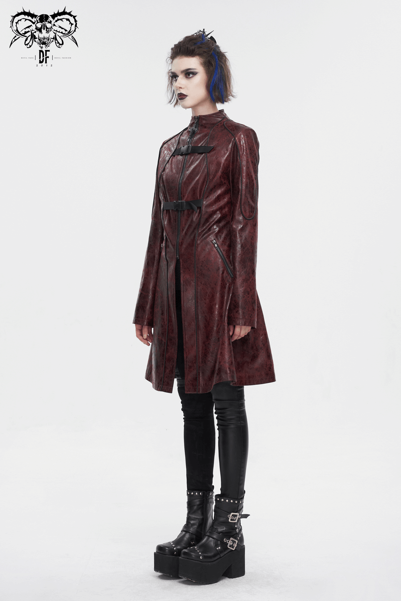 Gothic Punk Zipper Faux Leather Mid-Length Coat With Double Buckles