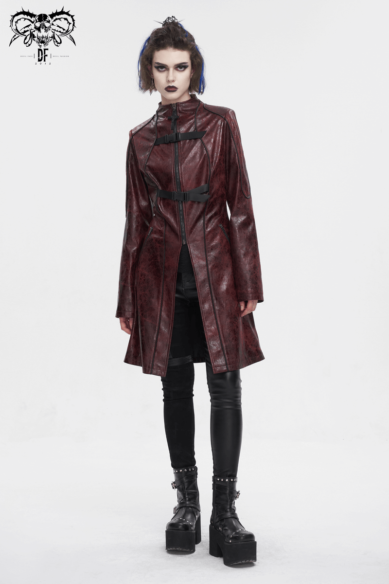 Gothic Punk Zipper Faux Leather Mid-Length Coat With Double Buckles