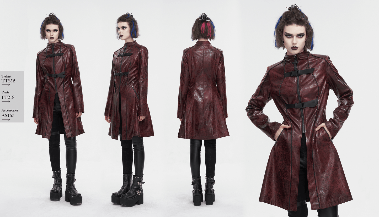 Gothic Punk Zipper Faux Leather Mid-Length Coat With Double Buckles