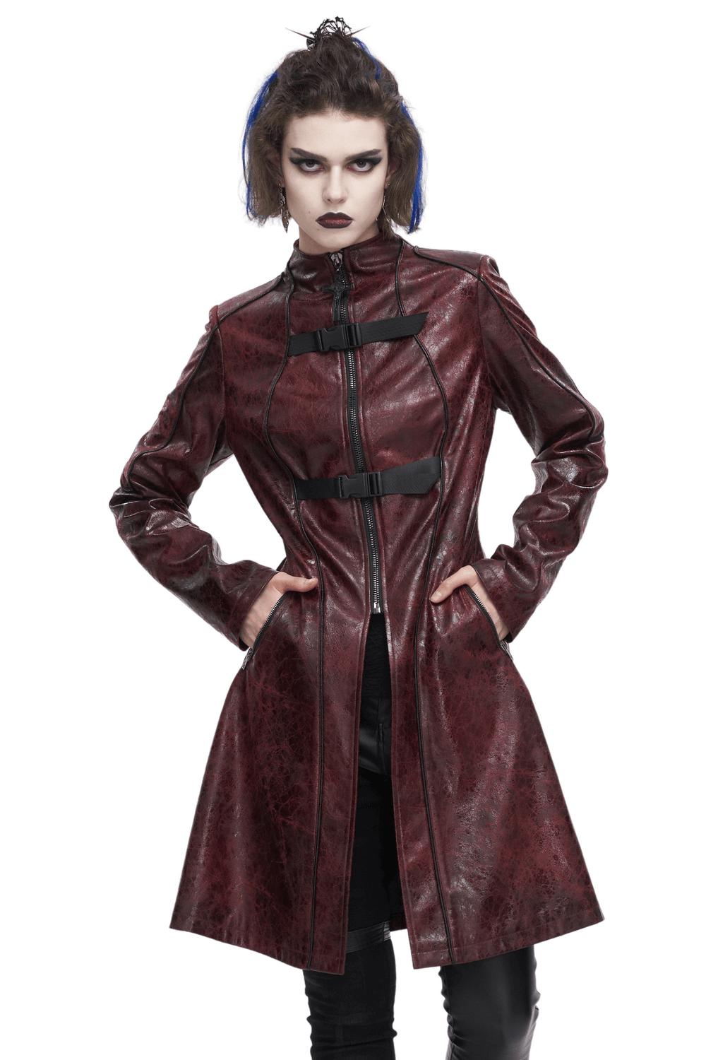 Gothic Punk Zipper Faux Leather Mid-Length Coat With Double Buckles