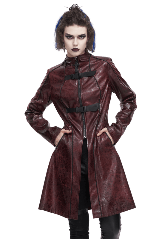 Gothic Punk Zipper Faux Leather Mid-Length Coat With Double Buckles
