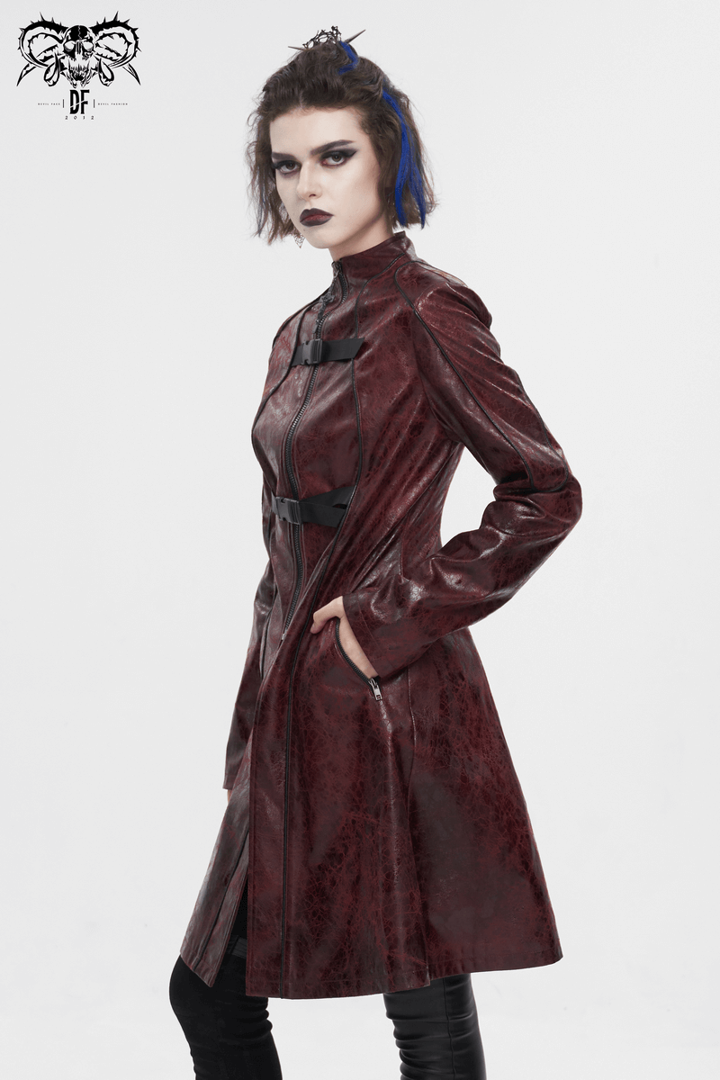 Gothic Punk Zipper Faux Leather Mid-Length Coat With Double Buckles