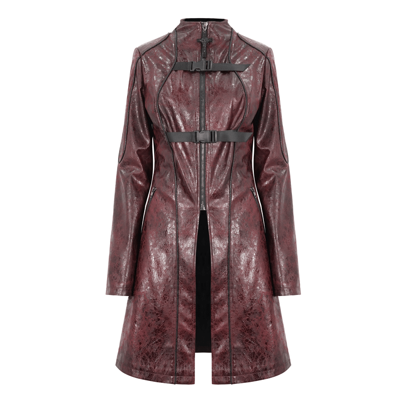 Gothic Punk Zipper Faux Leather Mid-Length Coat With Double Buckles