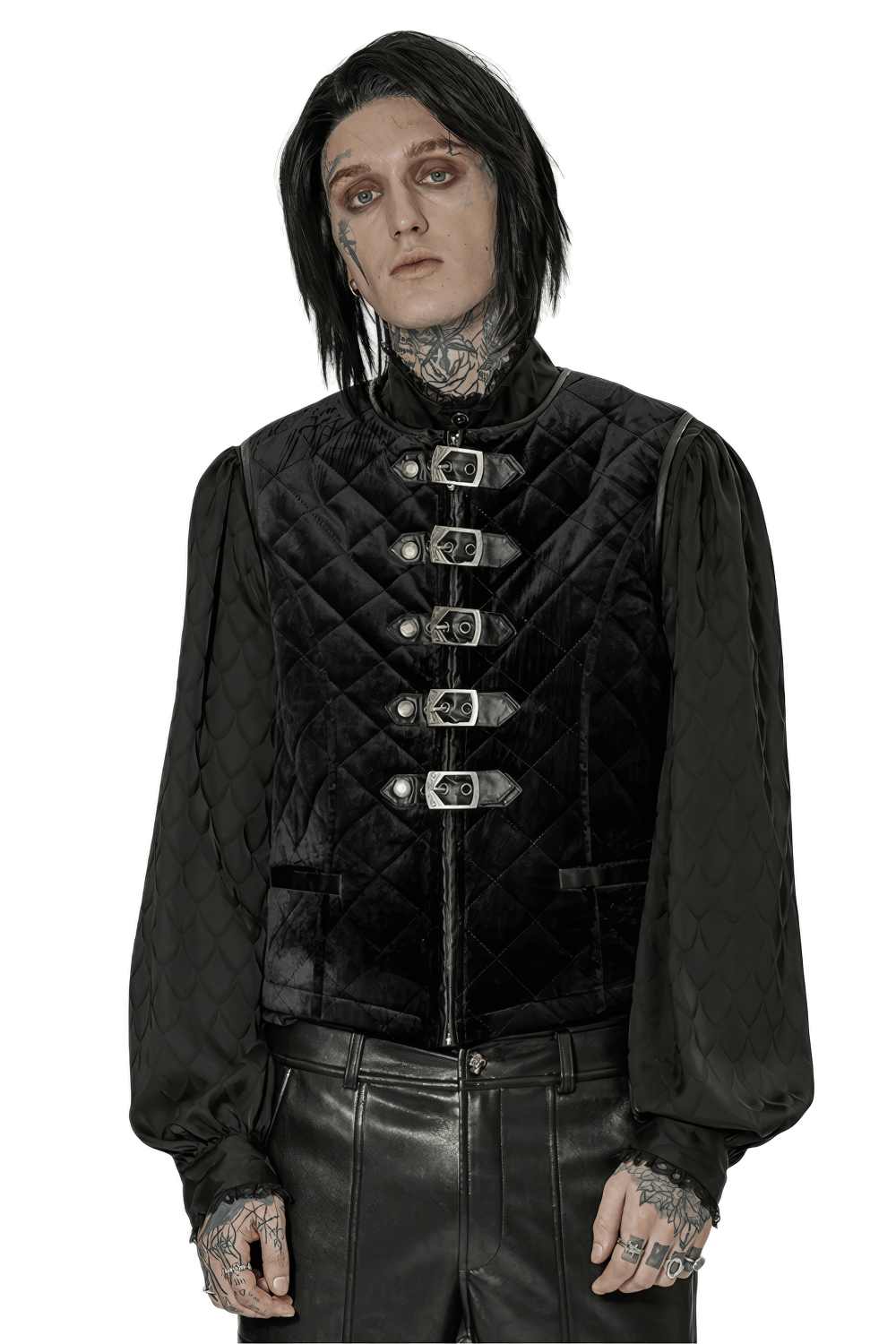 Gothic Quilted Men's Waistcoat with Metal Clasp Closure