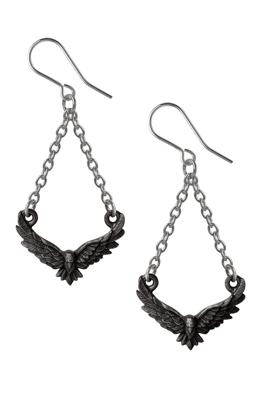 Gothic Raven Drop Earrings with Chain Detailing