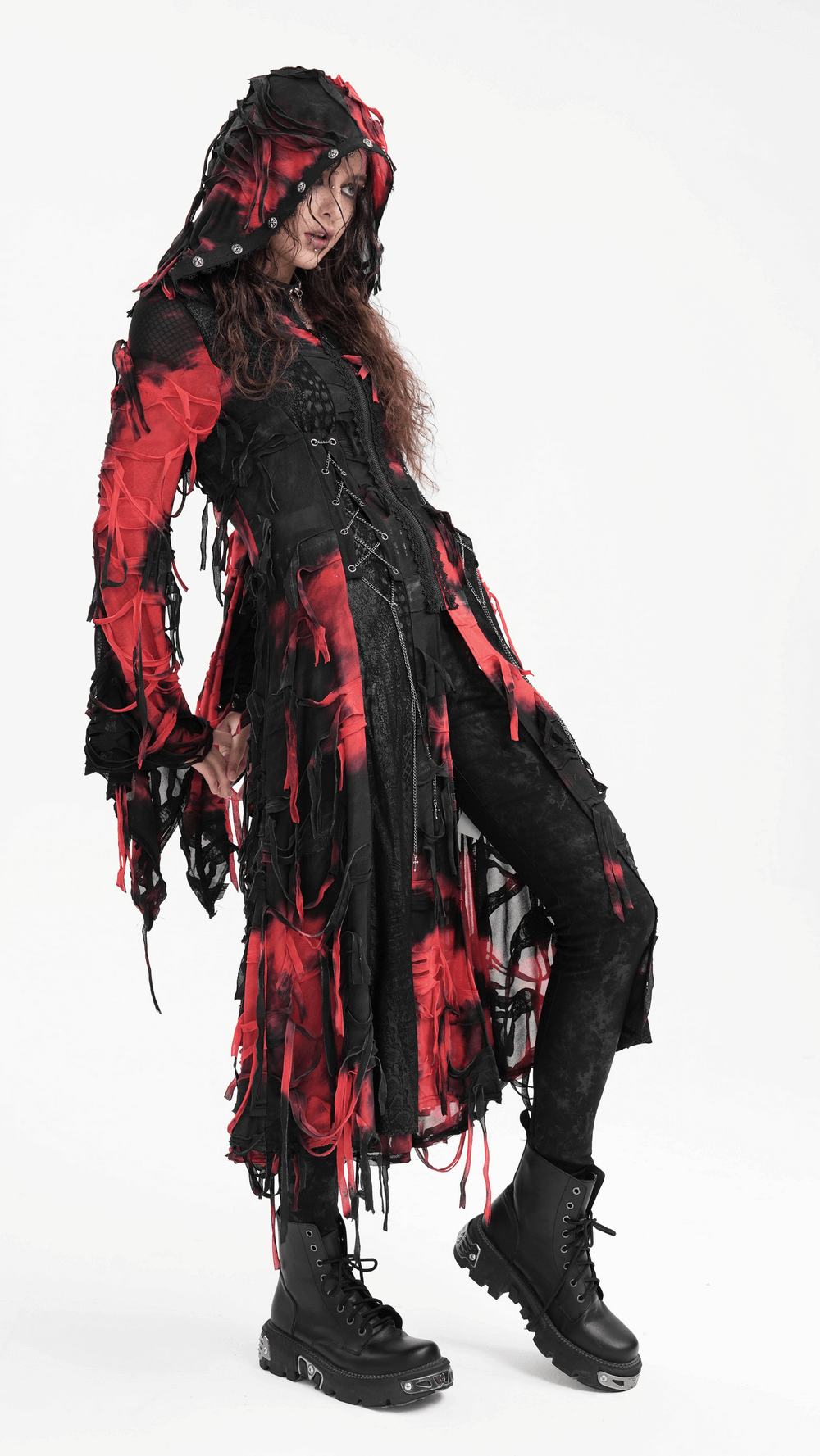 Gothic Red and Black Hooded Shredded Long Cape