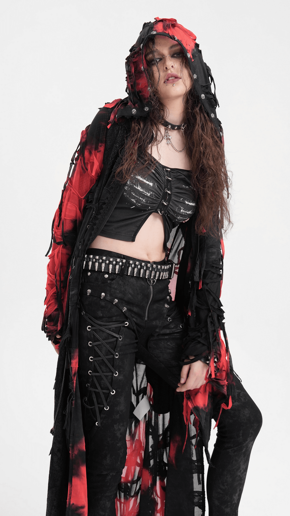Gothic Red and Black Hooded Shredded Long Cape
