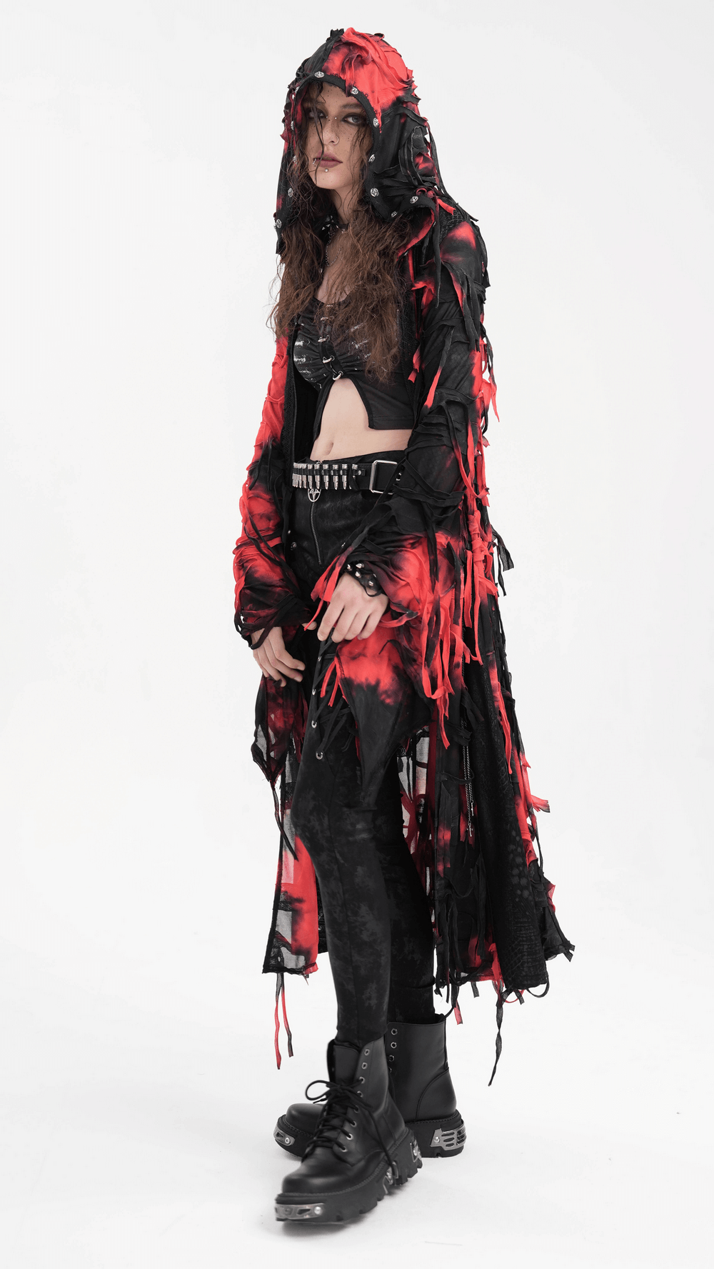 Gothic Red and Black Hooded Shredded Long Cape