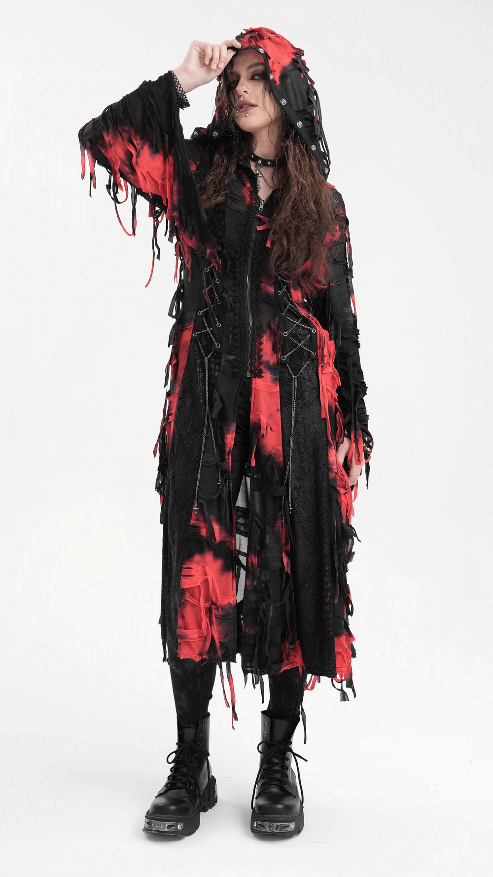 Gothic Red and Black Hooded Shredded Long Cape