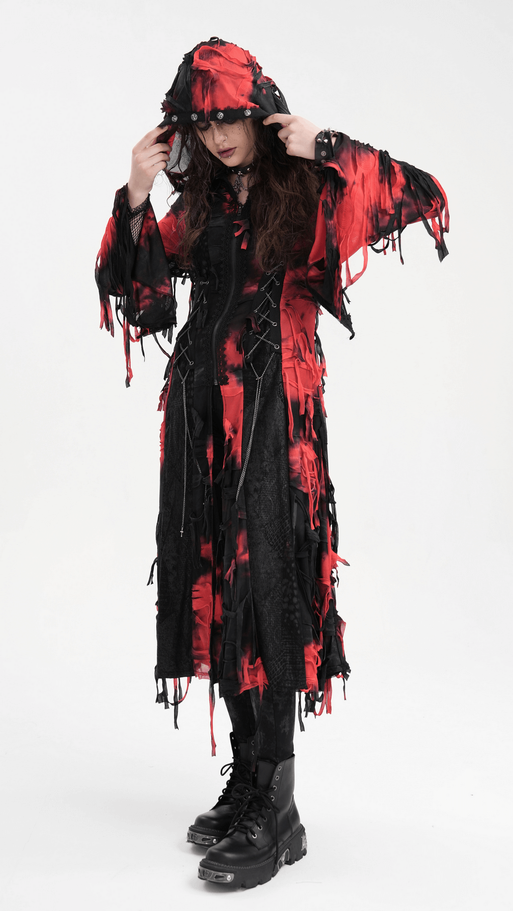 Gothic Red and Black Hooded Shredded Long Cape