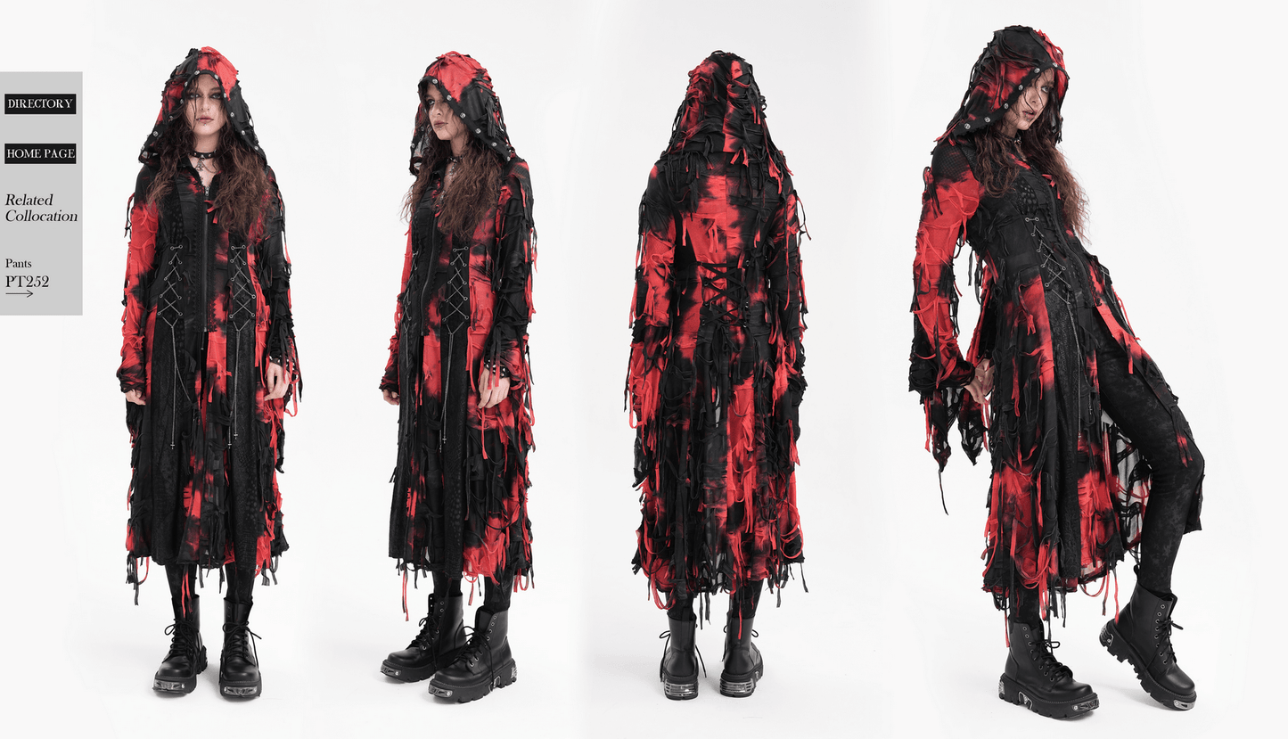 Gothic Red and Black Hooded Shredded Long Cape