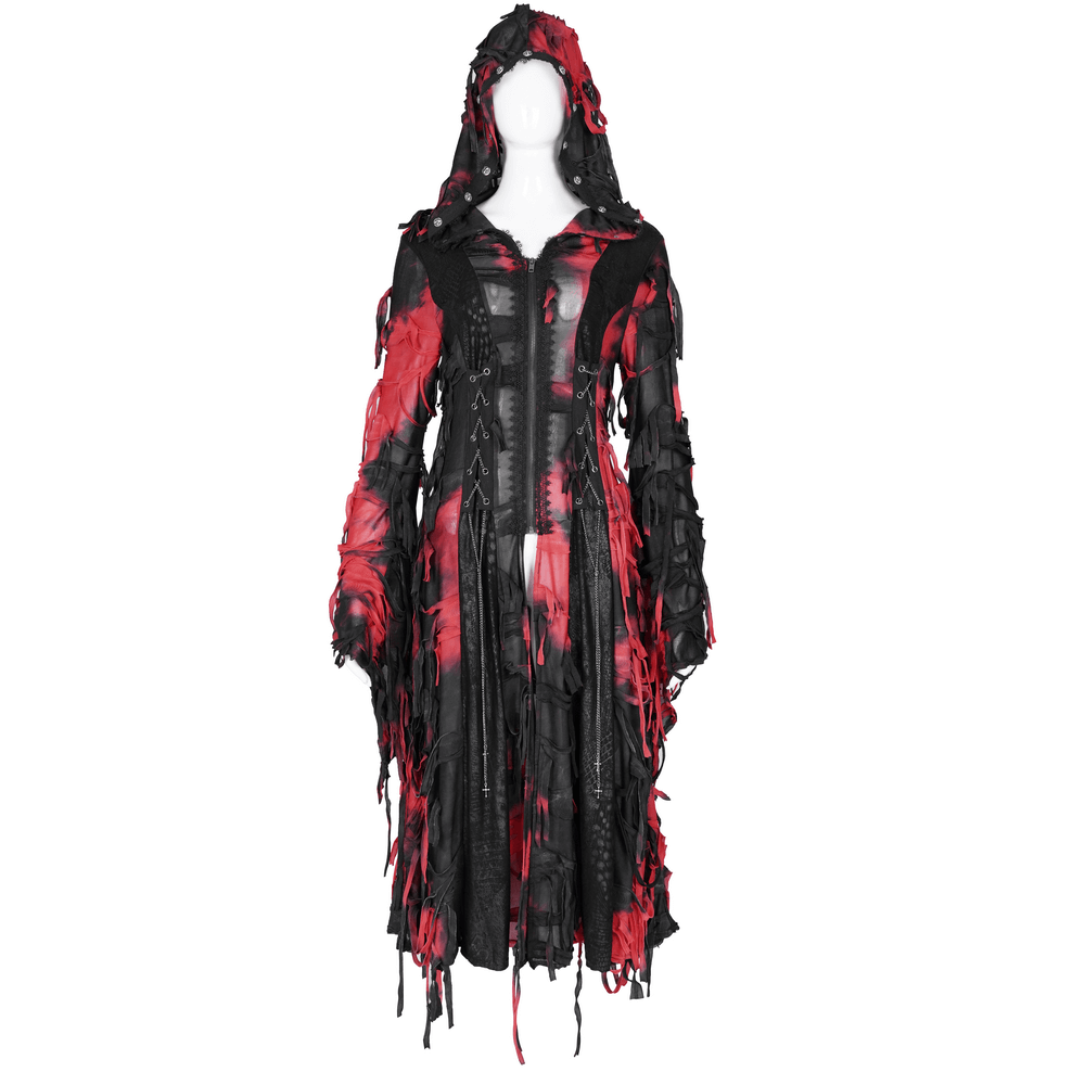Gothic Red and Black Hooded Shredded Long Cape
