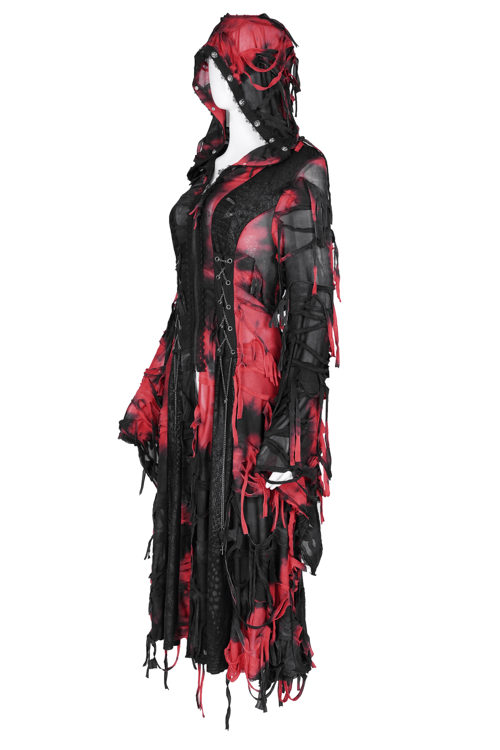 Gothic Red and Black Hooded Shredded Long Cape