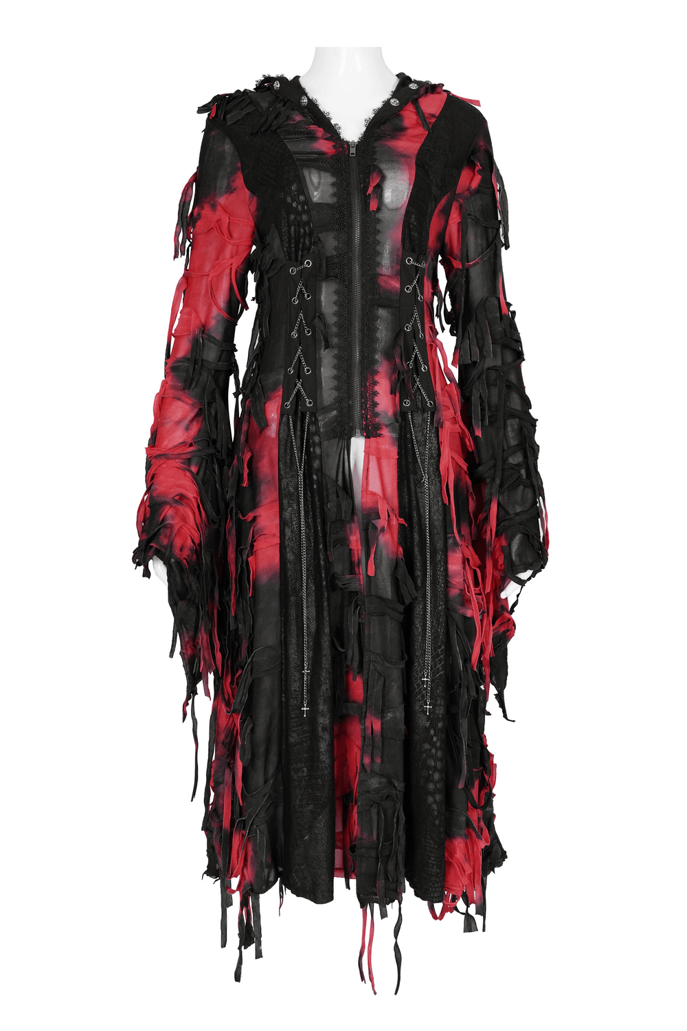 Gothic Red and Black Hooded Shredded Long Cape