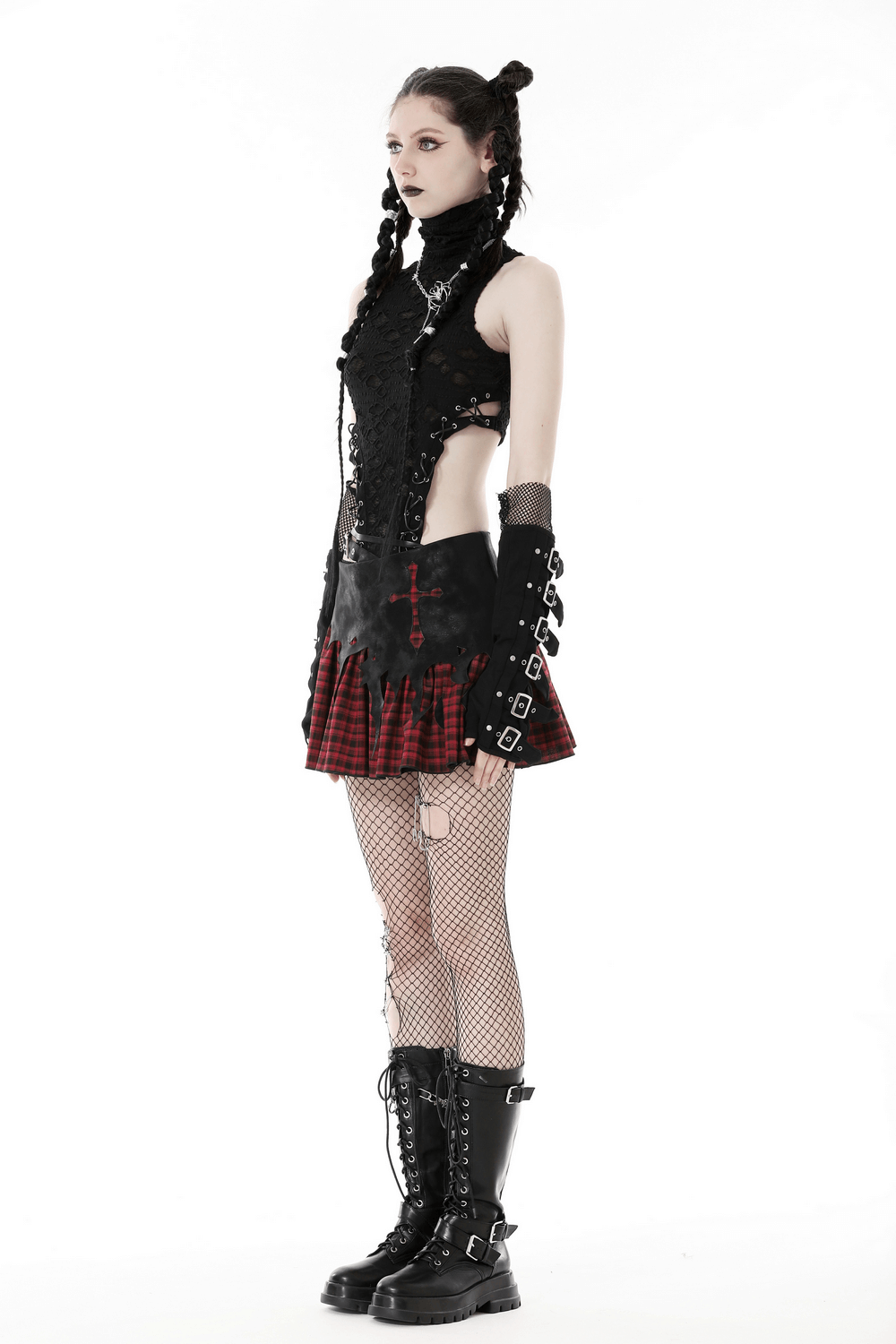 Gothic Red and Black Plaid Skirt with Cross Detail