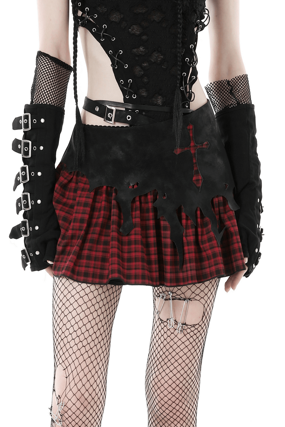 Gothic Red and Black Plaid Skirt with Cross Detail