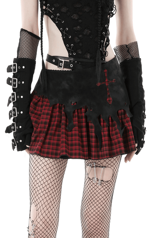 Gothic Red and Black Plaid Skirt with Cross Detail