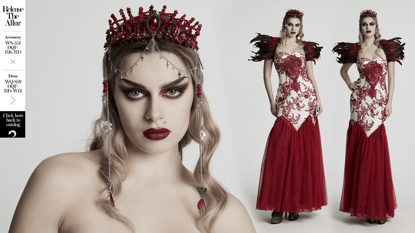 Gothic Red Crystal Crown with Silver Cross Tassels