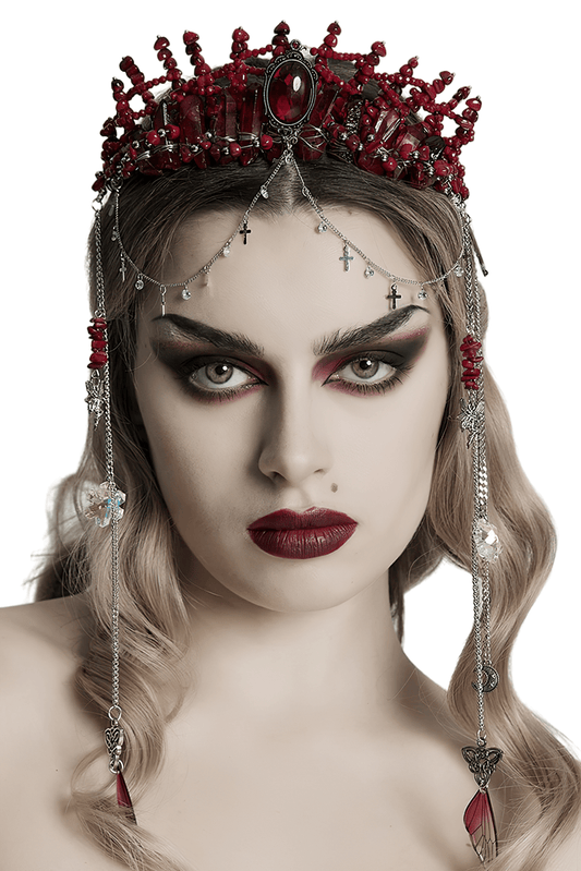 Gothic Red Crystal Crown with Silver Cross Tassels