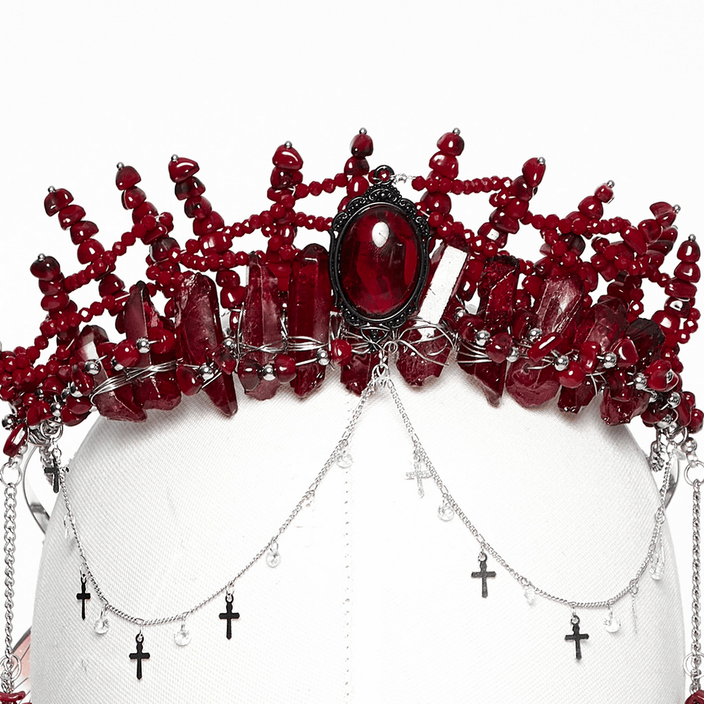 Gothic Red Crystal Crown with Silver Cross Tassels