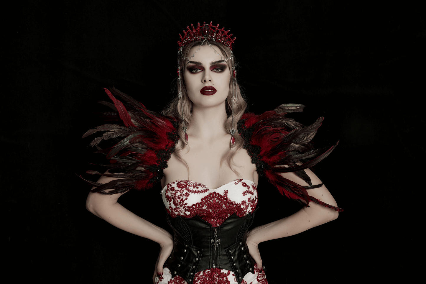 Gothic Red Crystal Crown with Silver Cross Tassels