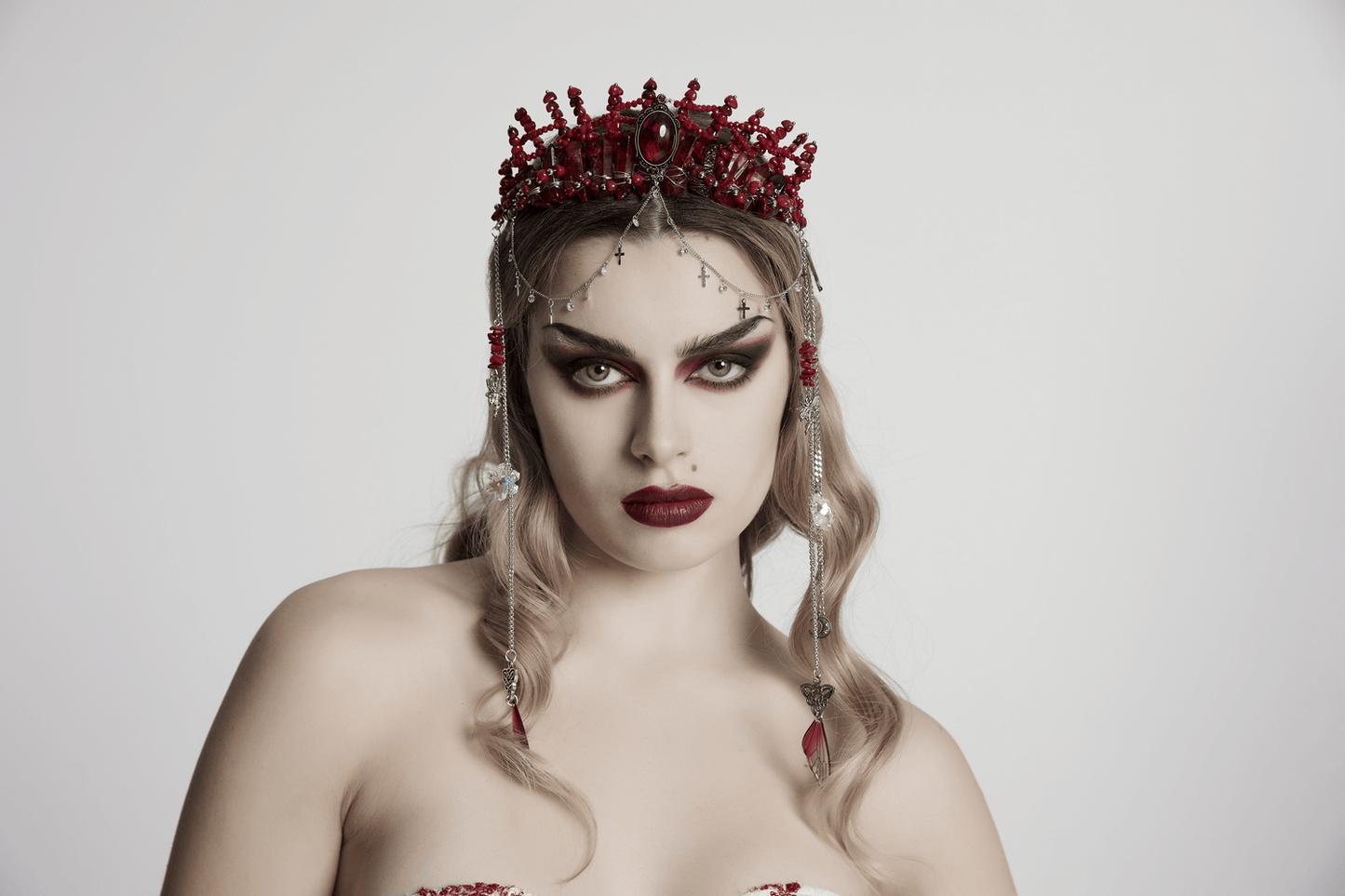 Gothic Red Crystal Crown with Silver Cross Tassels