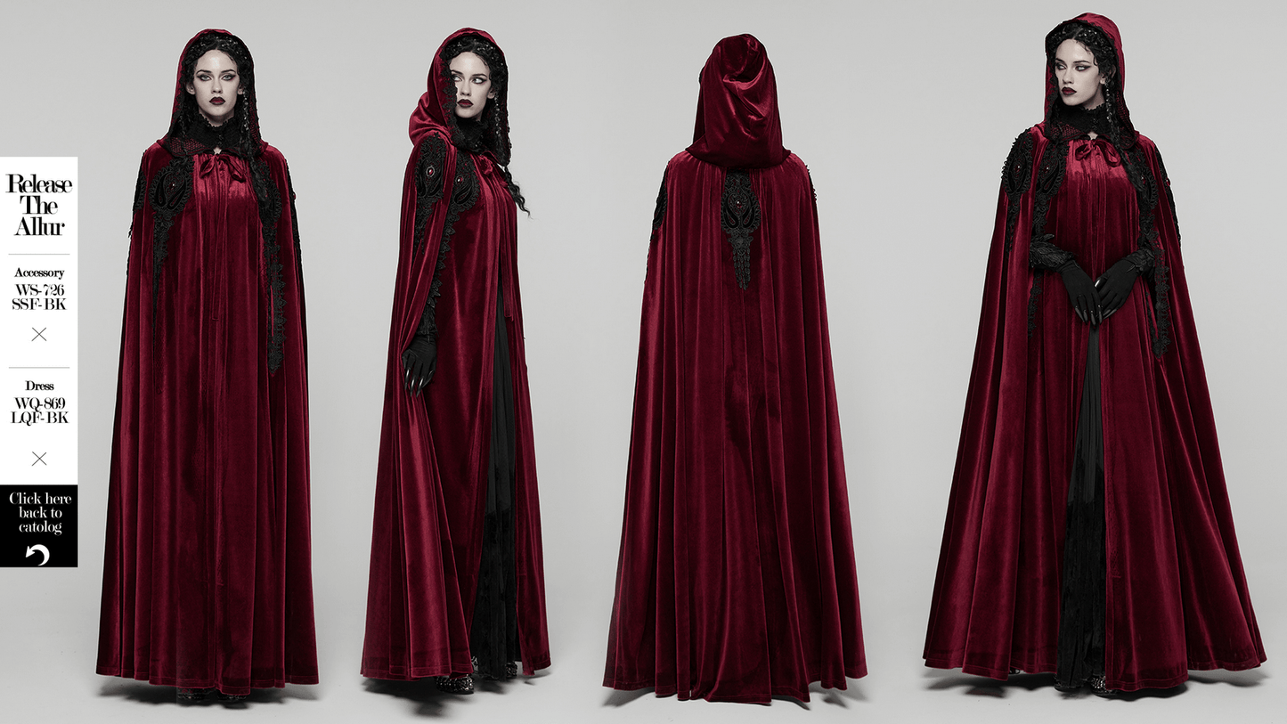 Gothic Red Velvet Hooded Cloak with Black Lace Trim