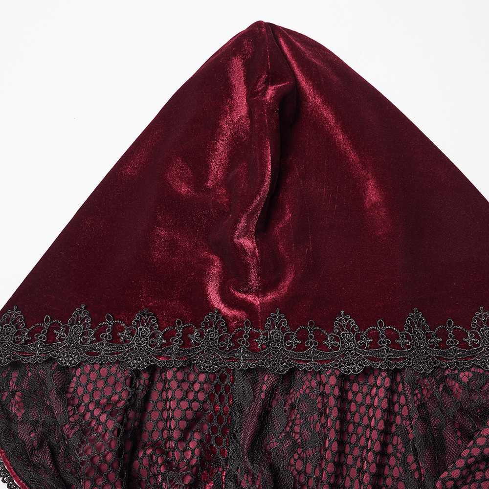 Gothic Red Velvet Hooded Cloak with Black Lace Trim
