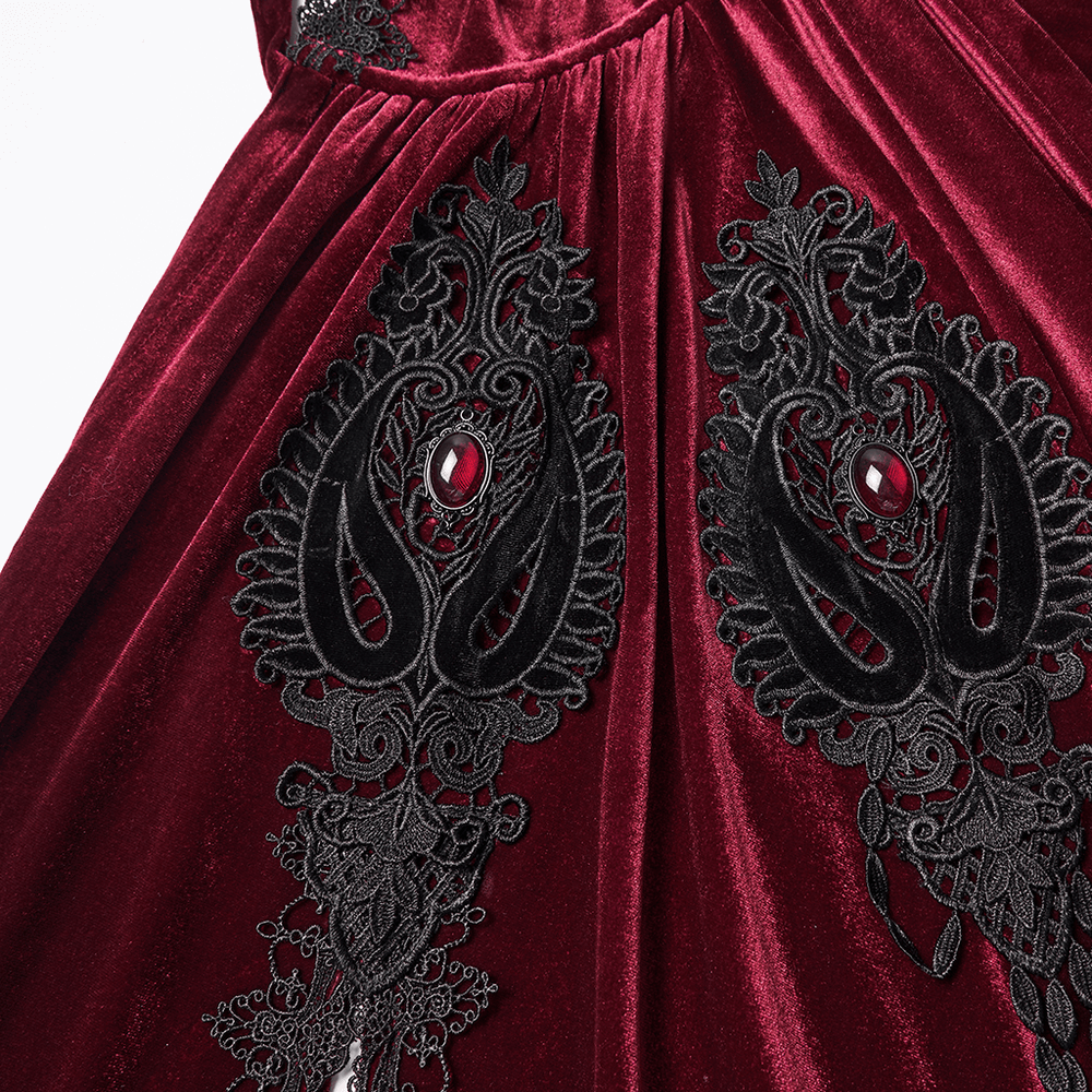 Gothic Red Velvet Hooded Cloak with Black Lace Trim