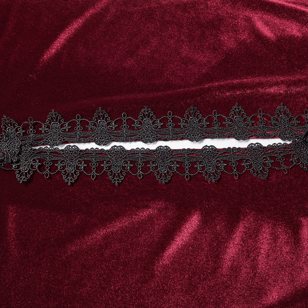 Gothic Red Velvet Hooded Cloak with Black Lace Trim