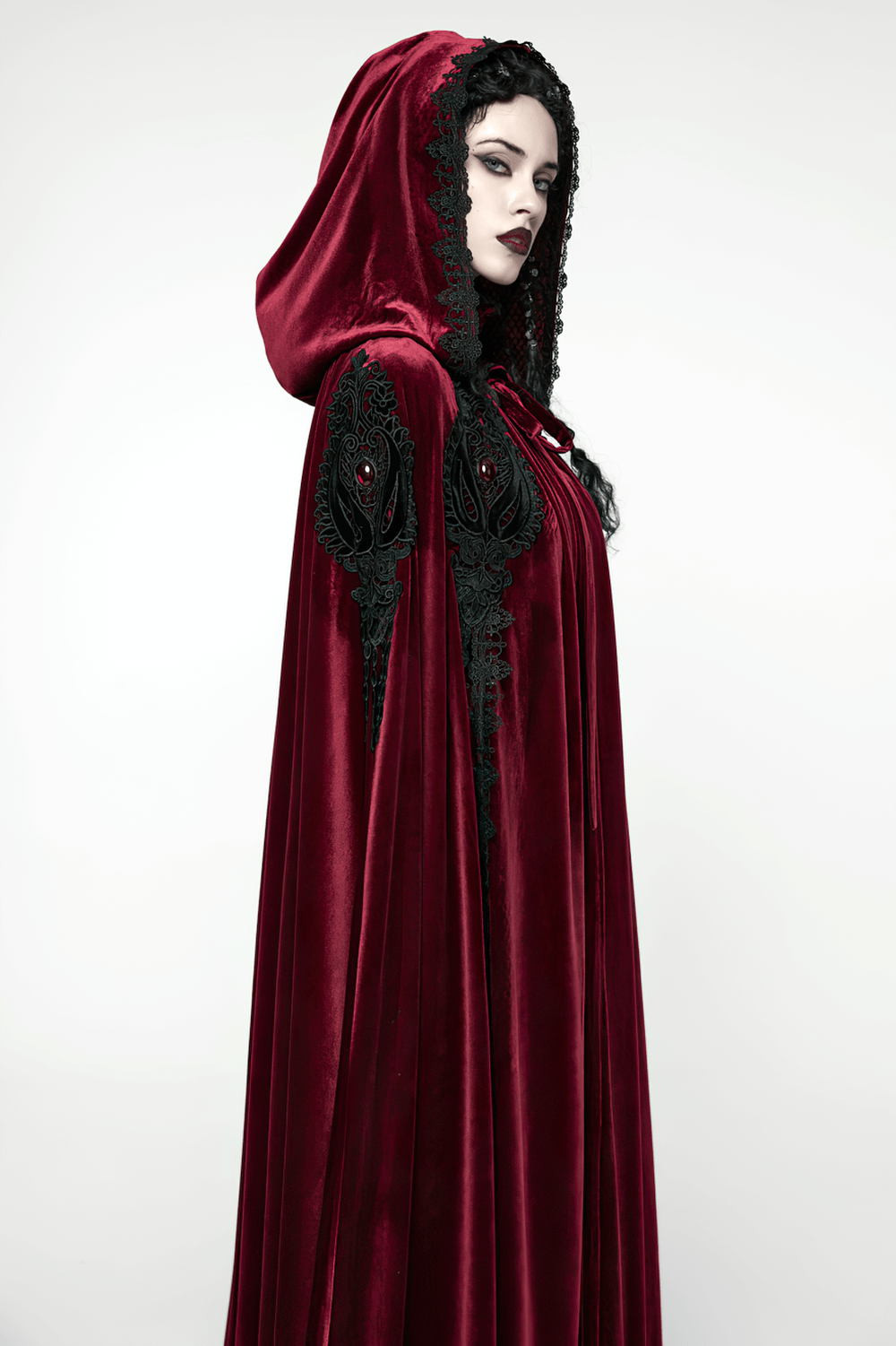 Gothic Red Velvet Hooded Cloak with Black Lace Trim