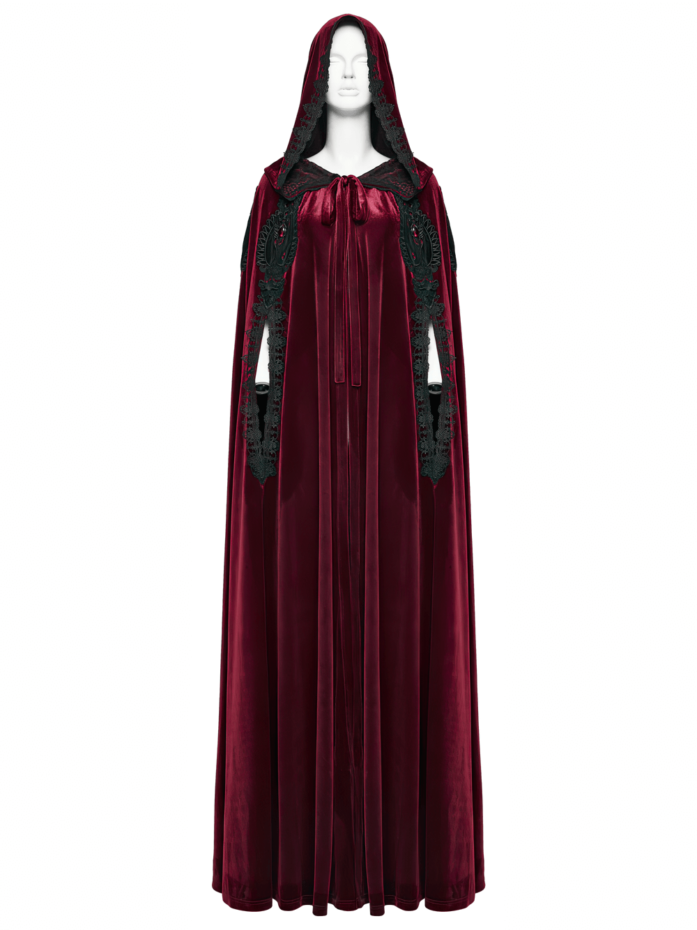 Gothic Red Velvet Hooded Cloak with Black Lace Trim
