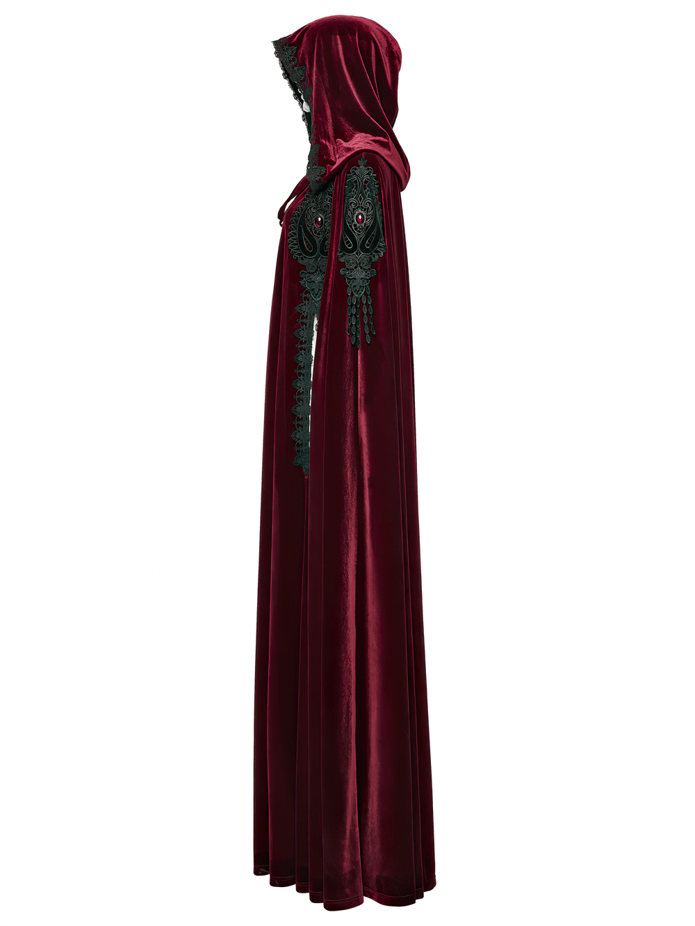 Gothic Red Velvet Hooded Cloak with Black Lace Trim
