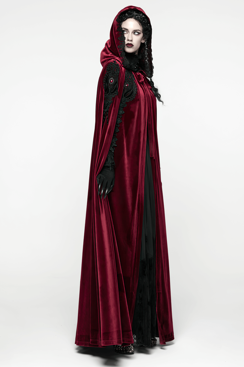 Gothic Red Velvet Hooded Cloak with Black Lace Trim