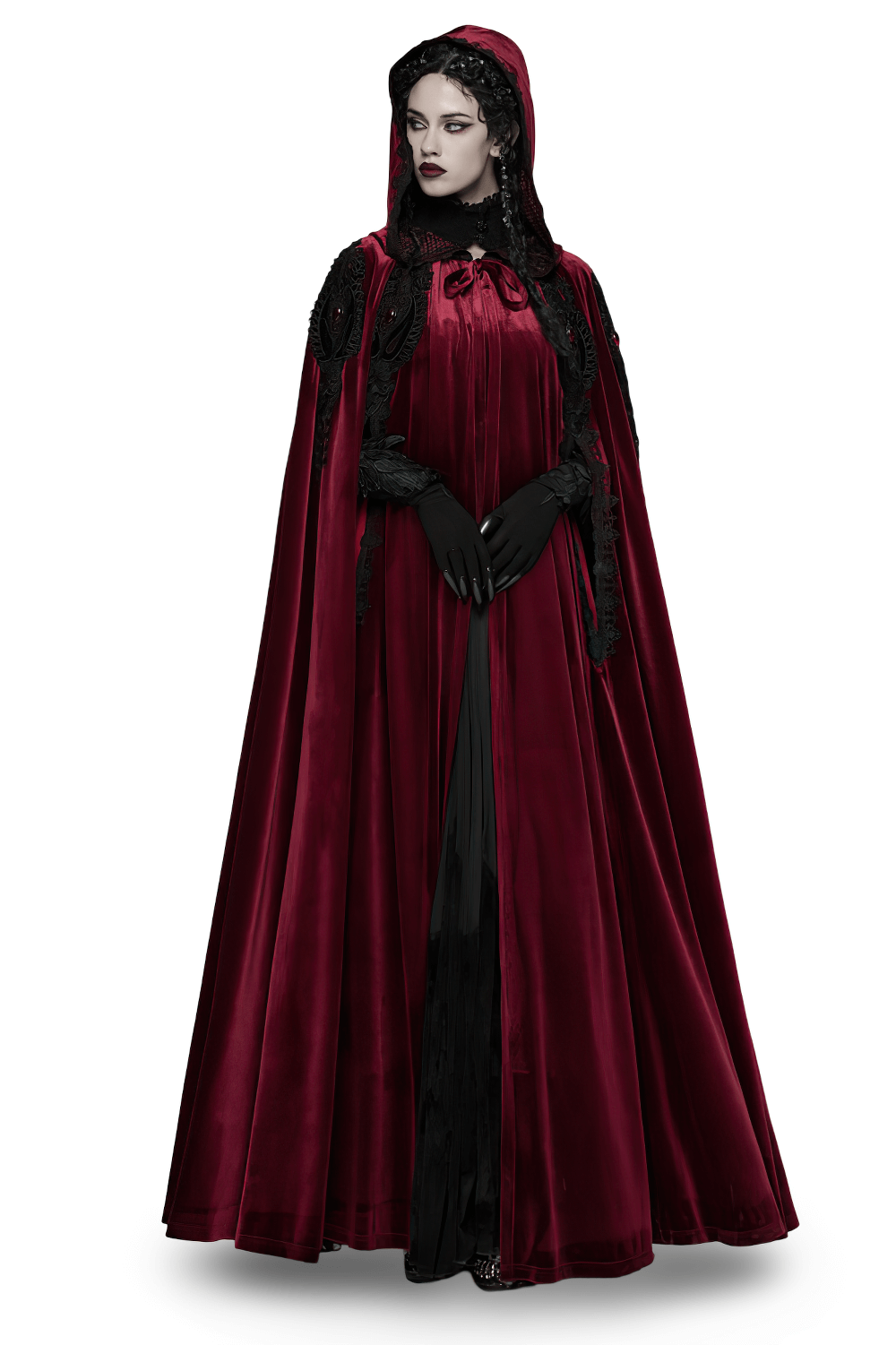 Gothic Red Velvet Hooded Cloak with Black Lace Trim