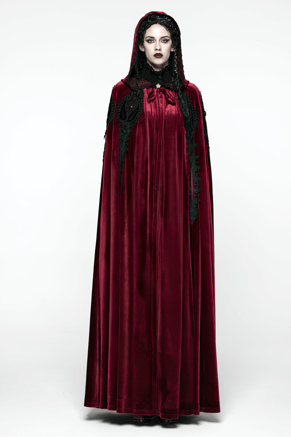 Gothic Red Velvet Hooded Cloak with Black Lace Trim