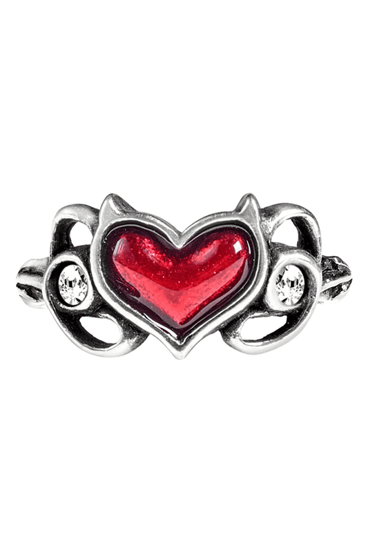 Gothic Ring with Red Enamel Heart and Austrian Crystals