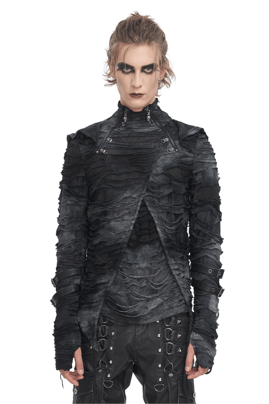 Gothic Ripped Hoodie with Adjustable Buckles and Hood