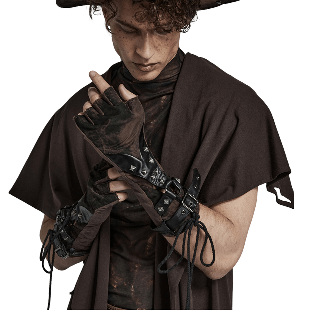 Gothic Rivet Fingerless Gloves with Stretch Knit PU Splice
