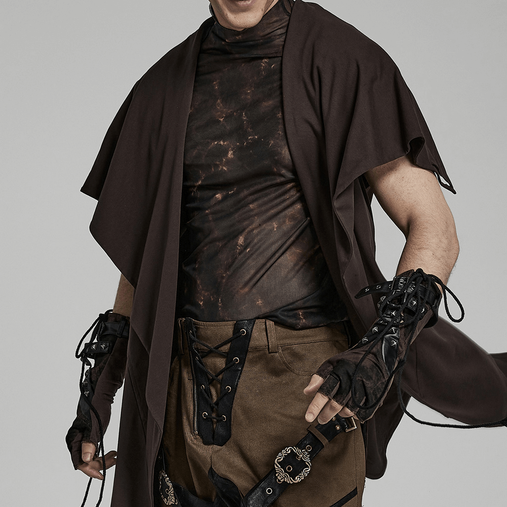 Gothic Rivet Fingerless Gloves with Stretch Knit PU Splice