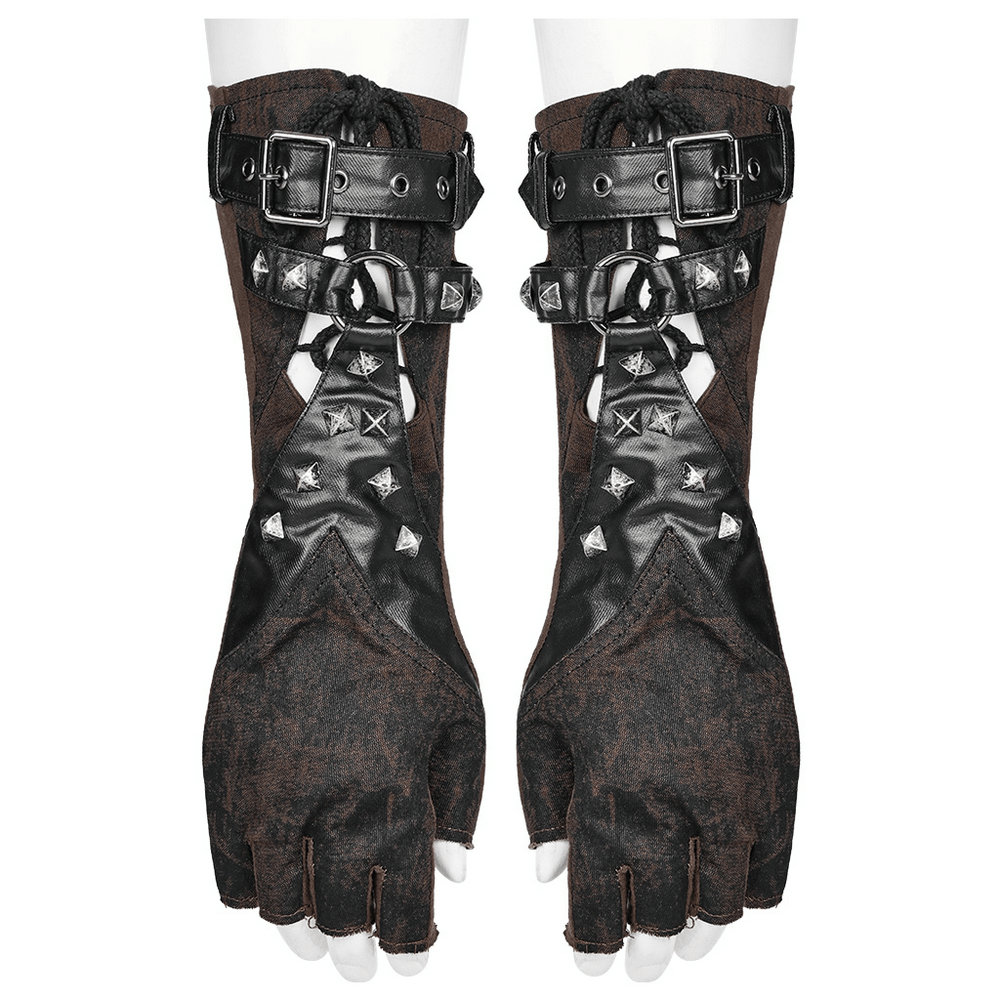 Gothic Rivet Fingerless Gloves with Stretch Knit PU Splice