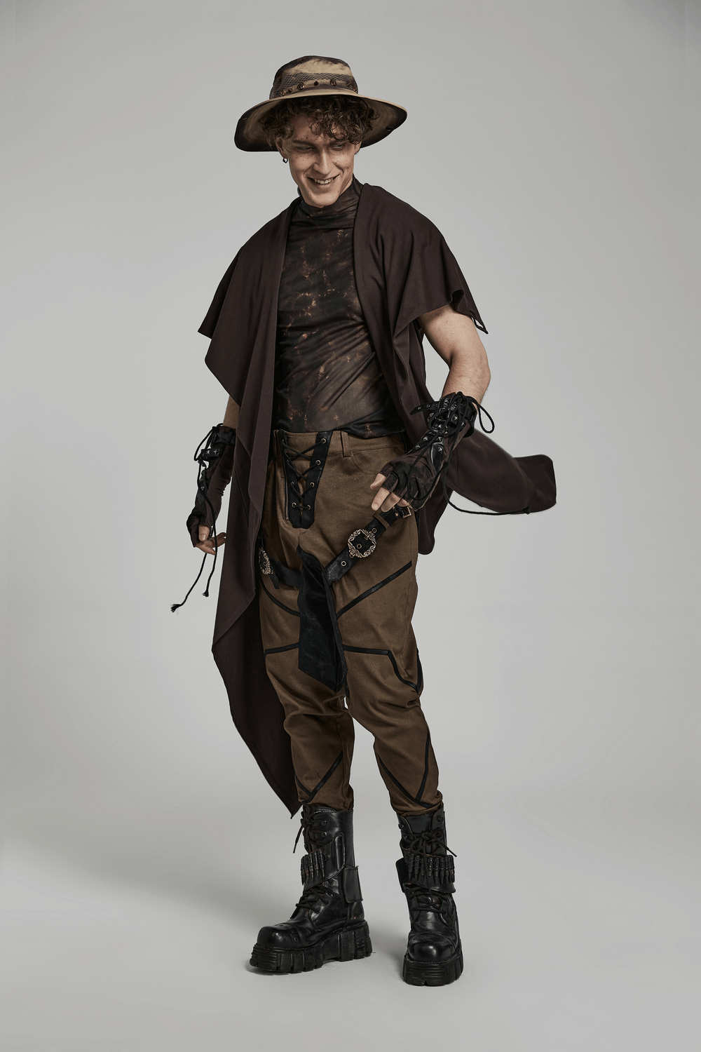 Gothic Rivet Fingerless Gloves with Stretch Knit PU Splice