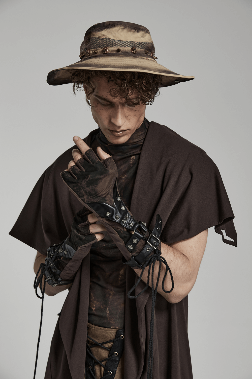 Gothic Rivet Fingerless Gloves with Stretch Knit PU Splice