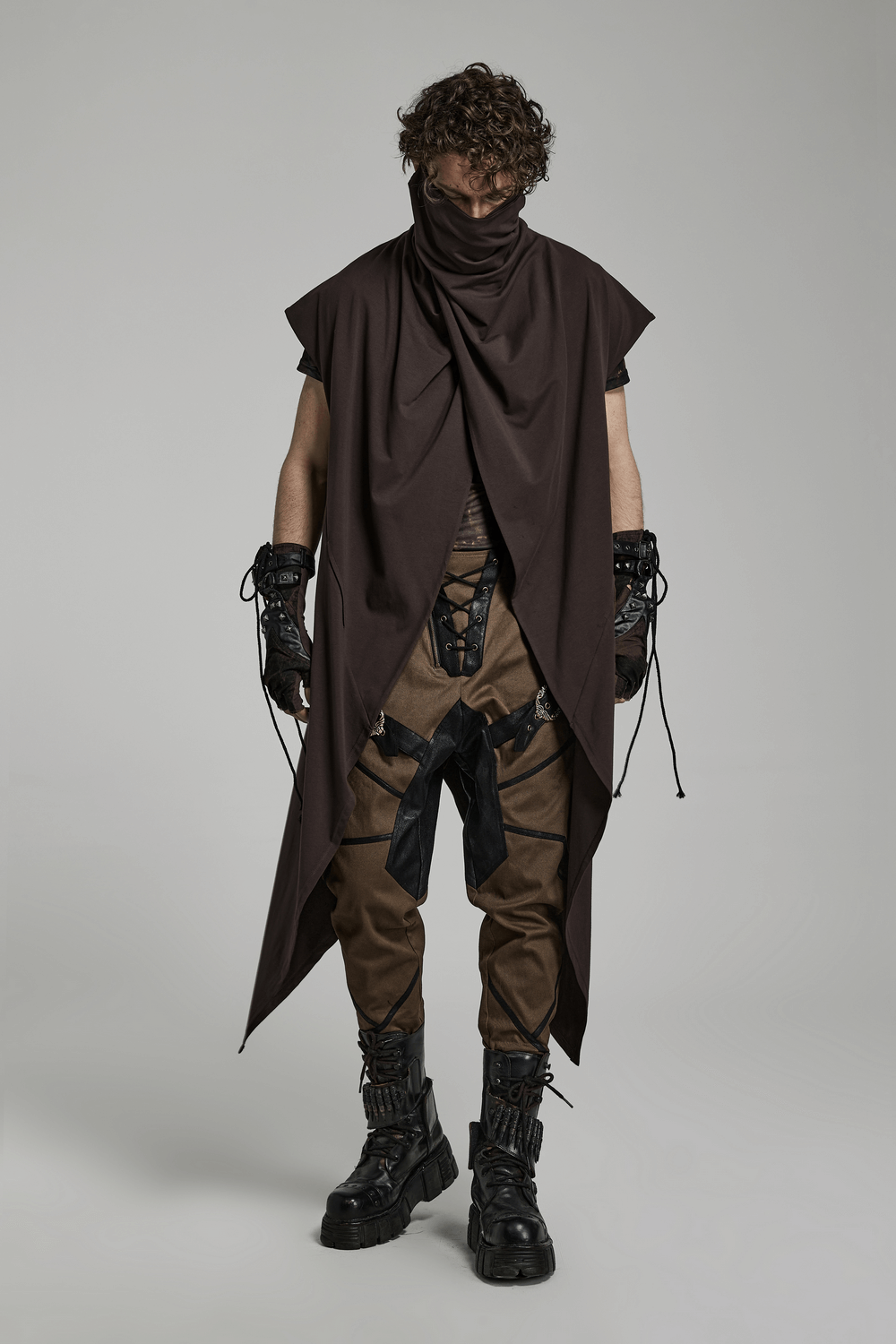 Gothic Rivet Fingerless Gloves with Stretch Knit PU Splice