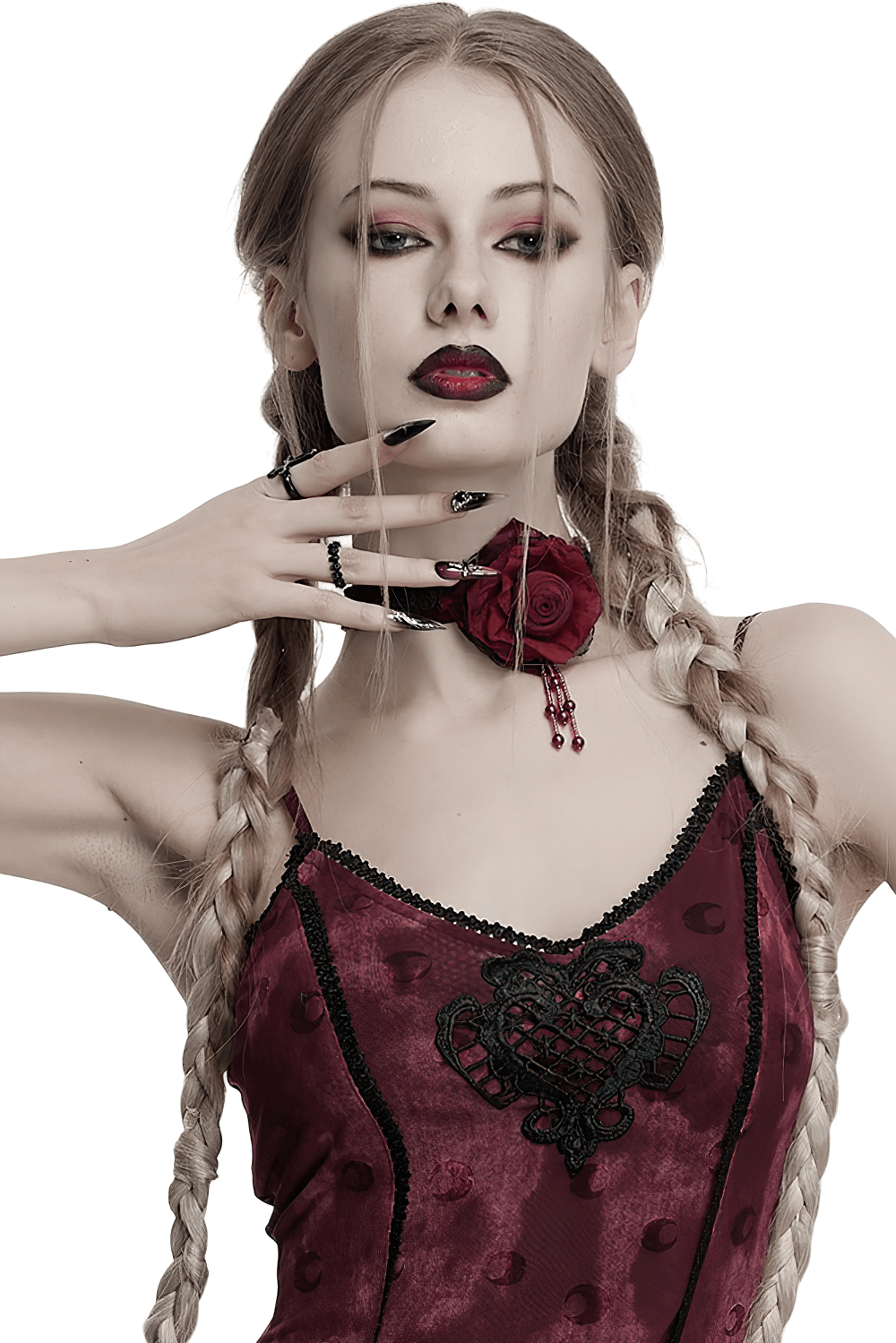 Gothic Rose and Bead Chain Choker with Lace Detail