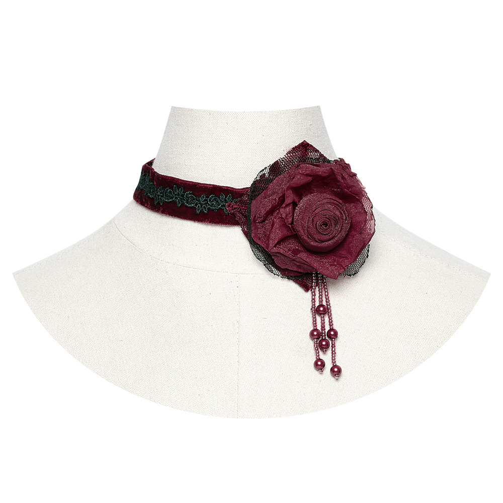 Gothic Rose and Bead Chain Choker with Lace Detail