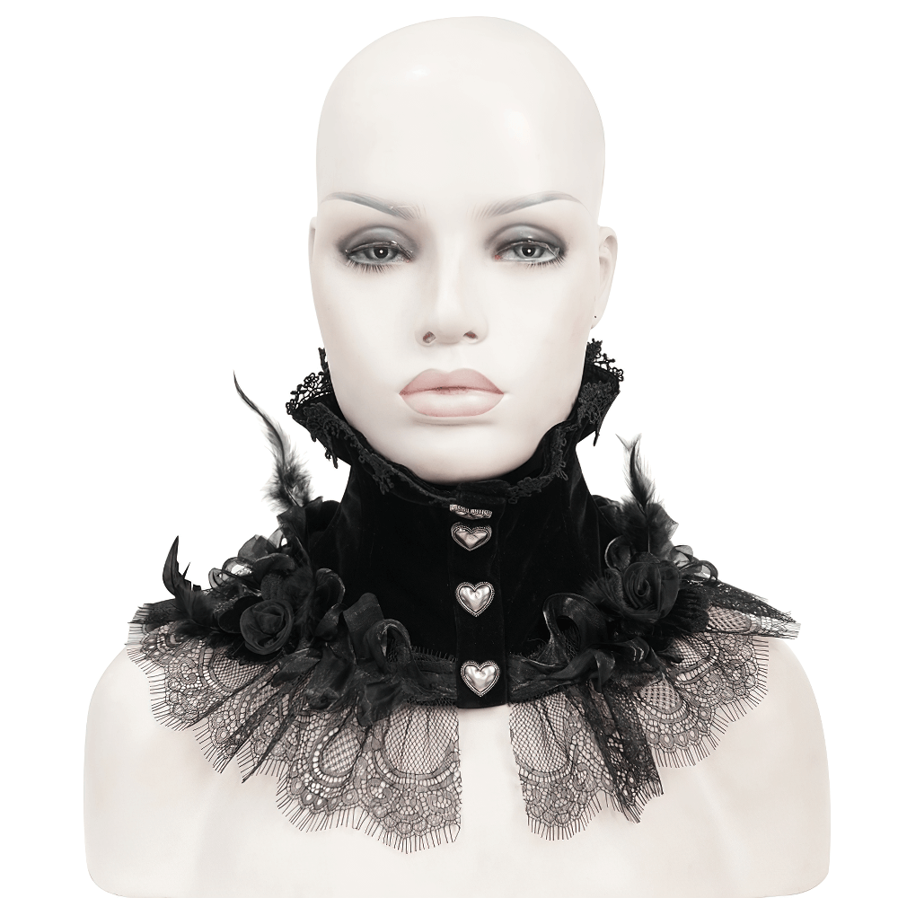 Gothic Rose Feather Neckwear With Heart-Shaped Buttons / Women's Lace Trim Collar
