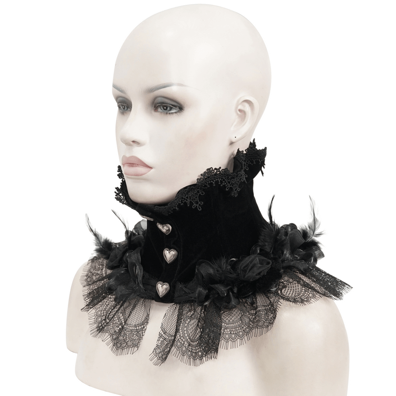 Gothic Rose Feather Neckwear With Heart-Shaped Buttons / Women's Lace Trim Collar