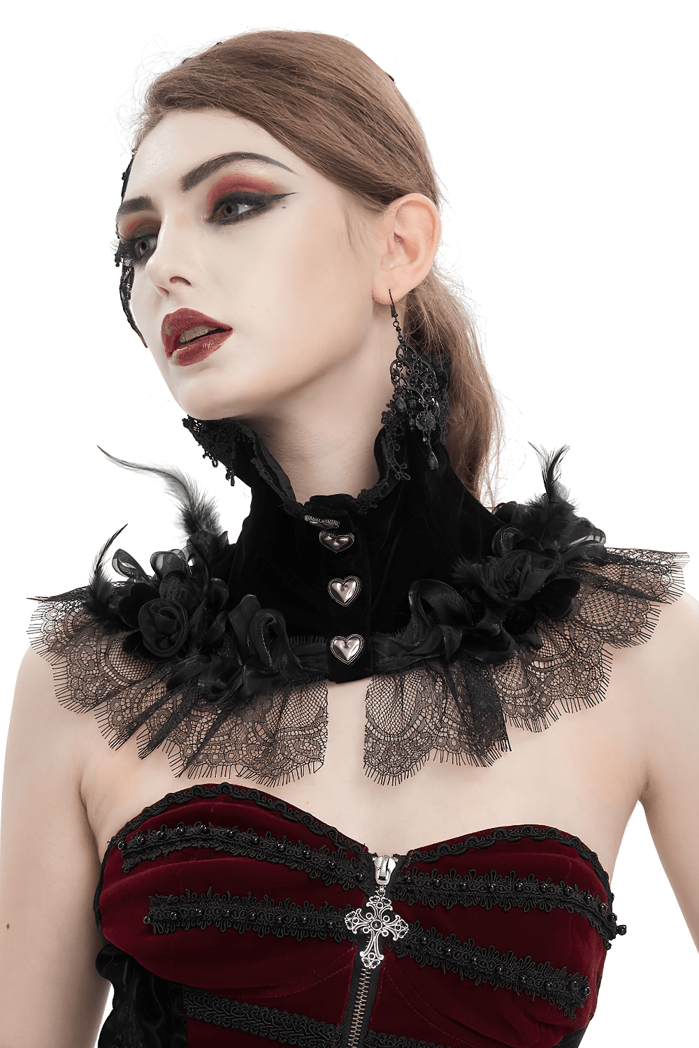 Gothic Rose Feather Neckwear With Heart-Shaped Buttons / Women's Lace Trim Collar